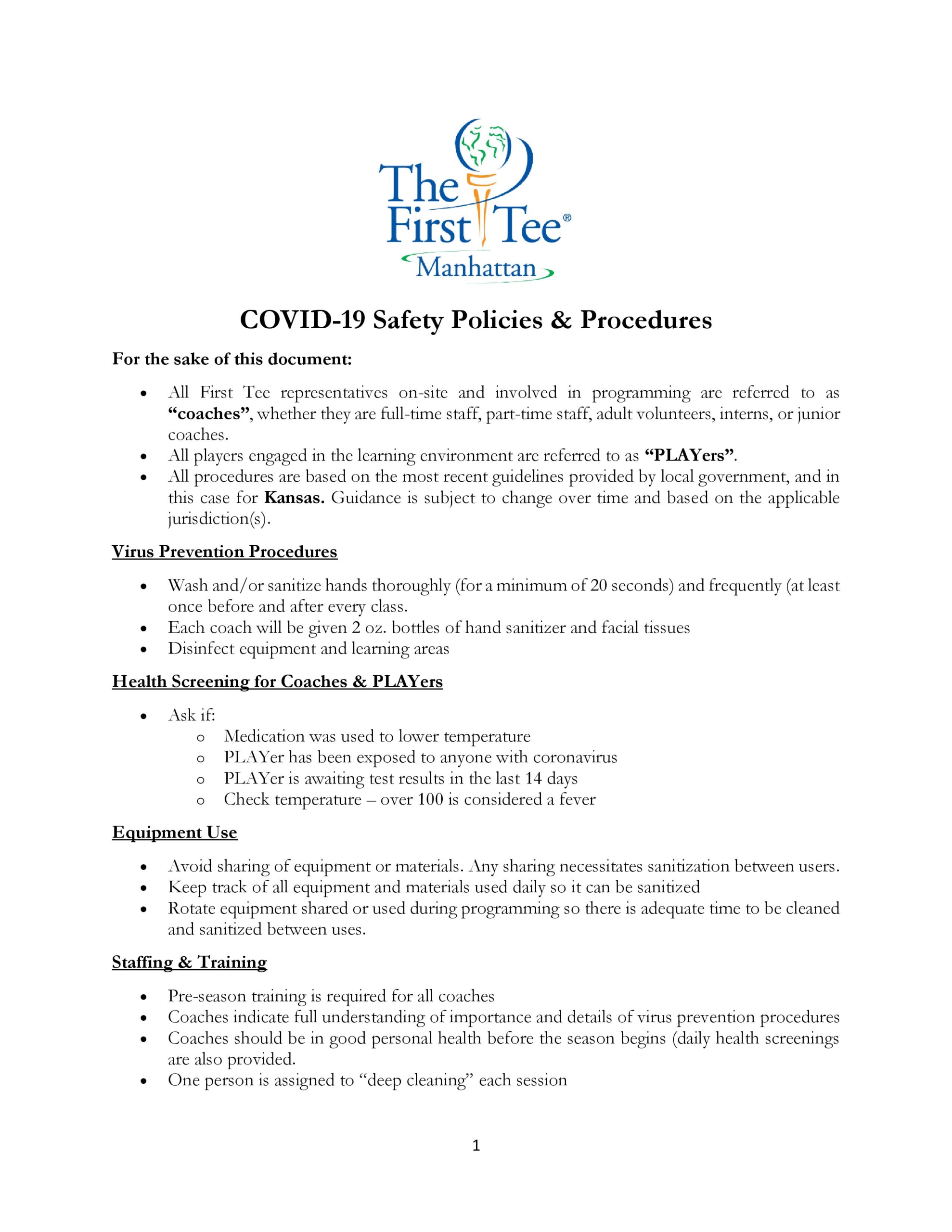 2020 Summer Program Policies & Procedures Page 001 First Tee Manhattan